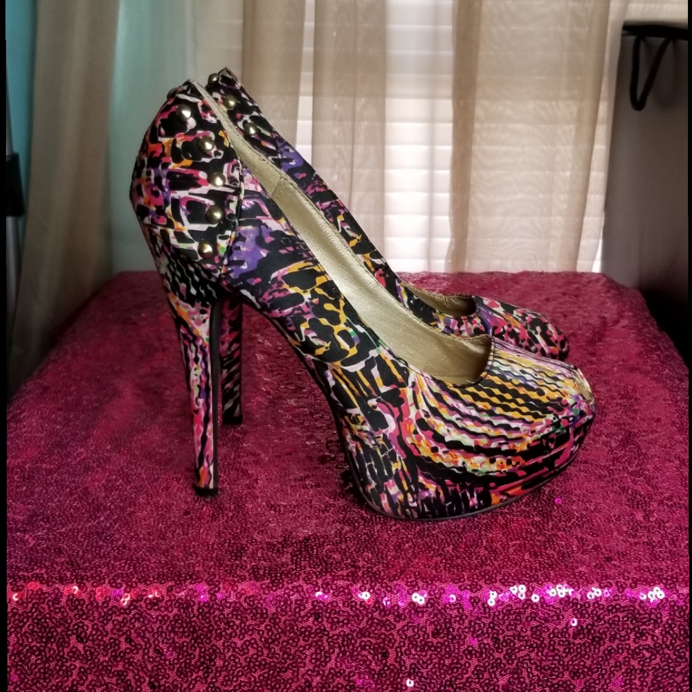 Studded Multi-Color Neon Print Peep Toe Heels
